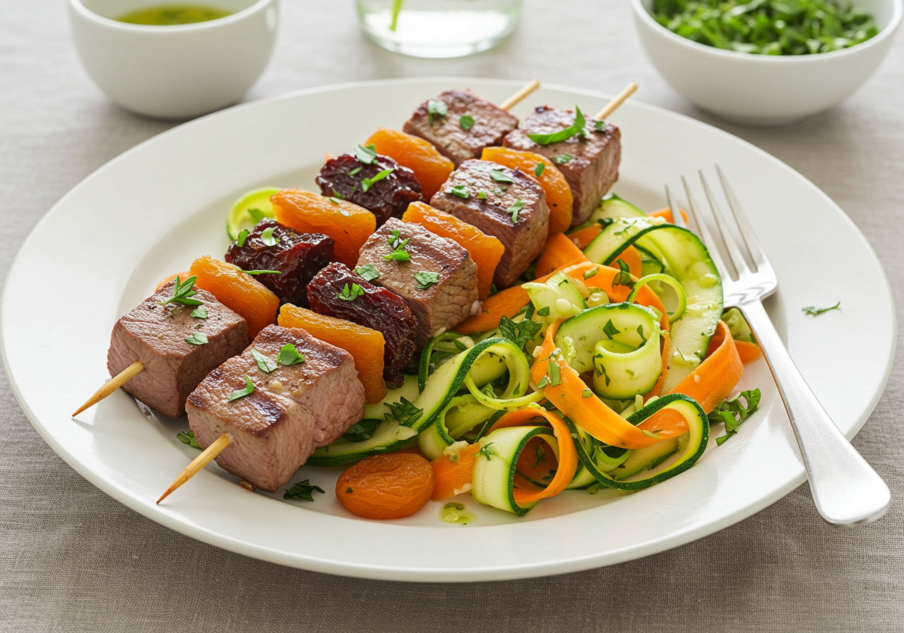 Herbed Lamb and Apricot Skewers with Zucchini Ribbons