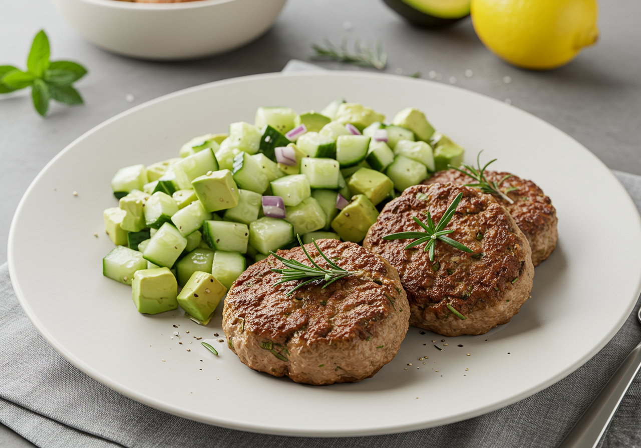 Herbed Lamb Patties with Avocado-Cucumber Salad