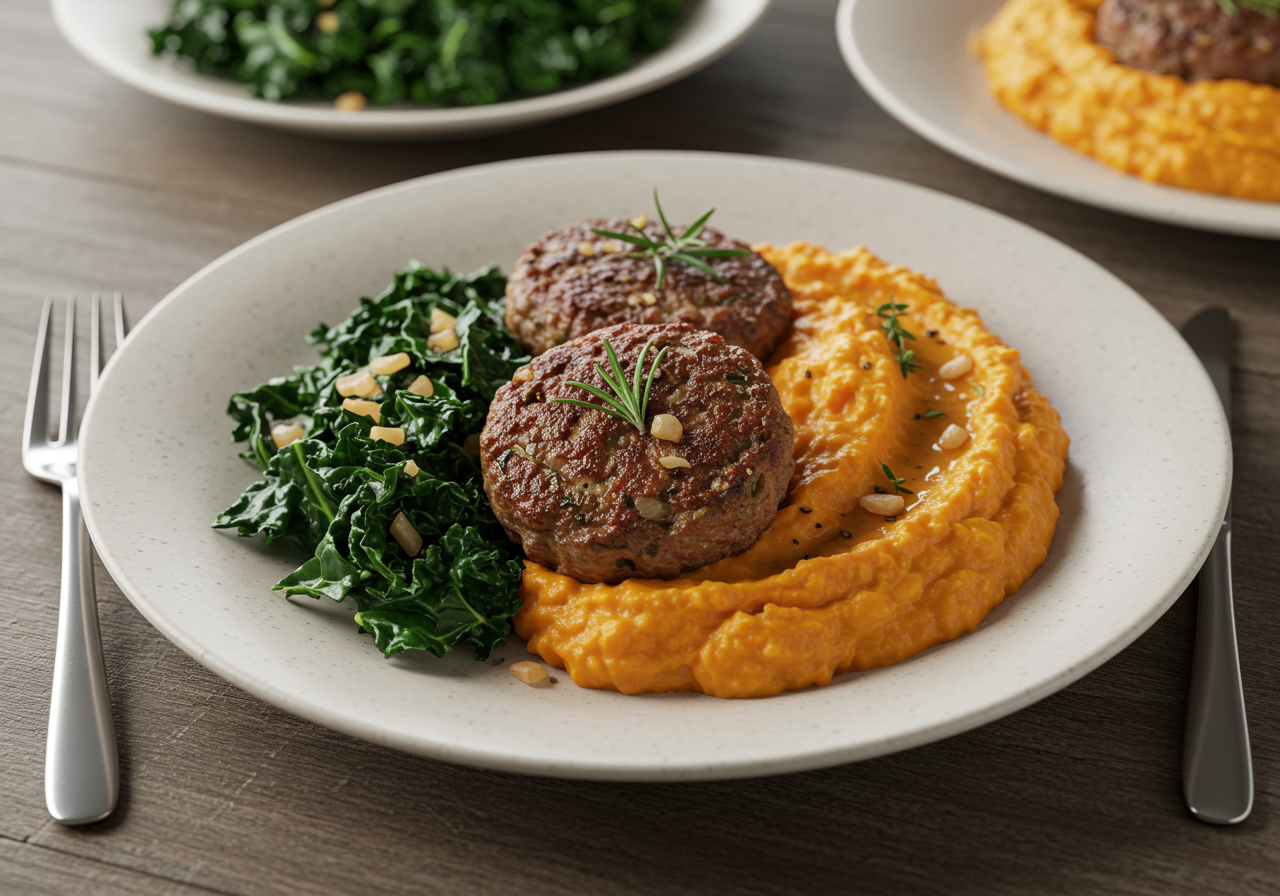 Herbed Lamb Patties with Sweet Potato Mash & Sautéed Kale