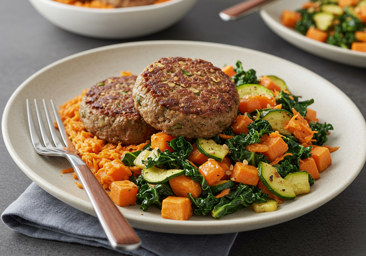 Herbed Lamb Patties with Warm Sweet Potato & Kale Salad