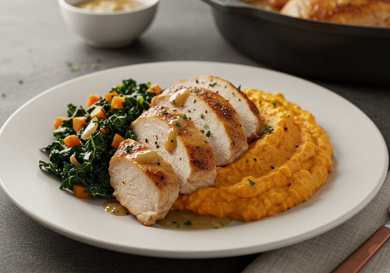 Herb-Roasted Turkey with Sweet Potato Mash and Garlic Kale