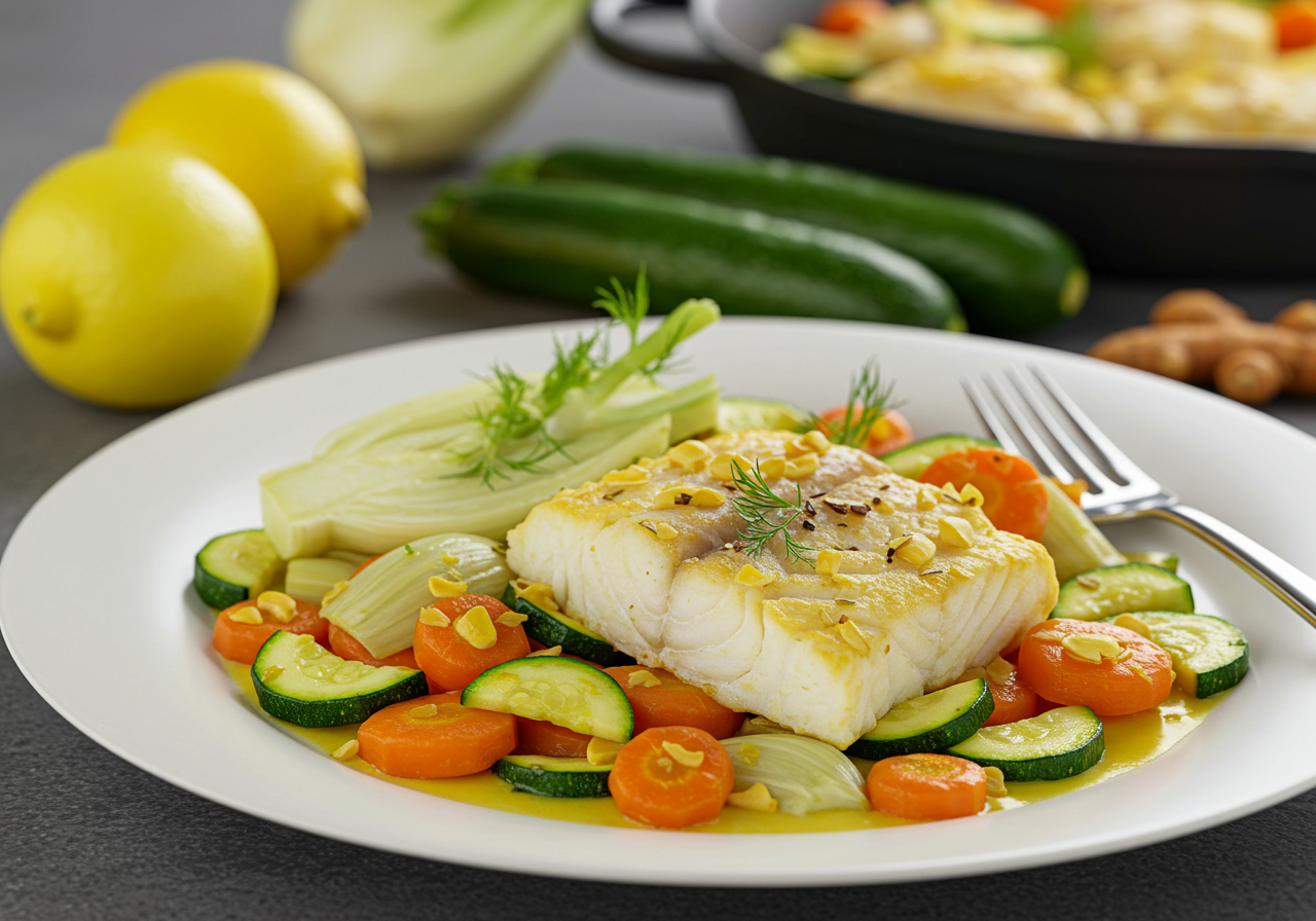 Turmeric-Ginger Cod with Sautéed Fennel and Zucchini
