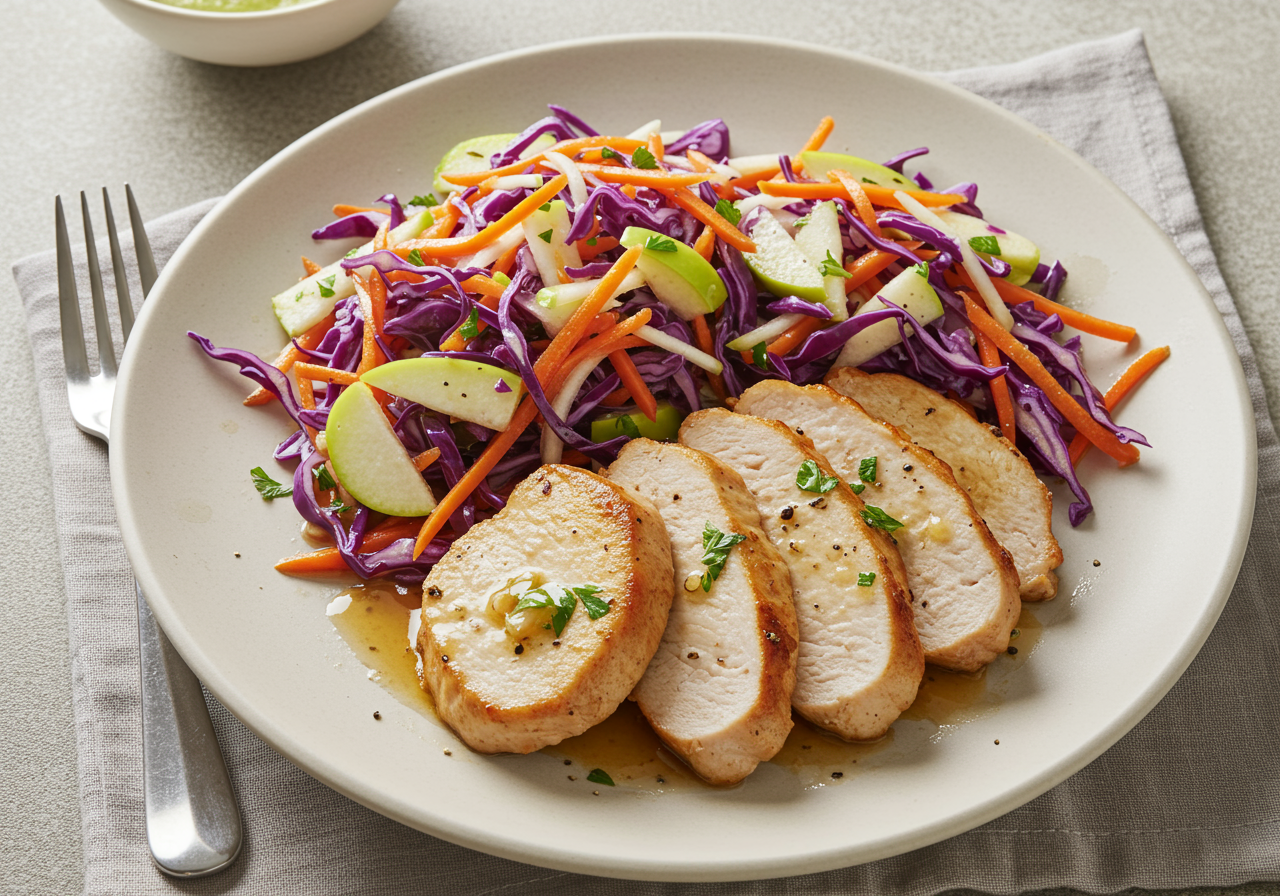 Seared Turkey Medallions with Apple Ginger Slaw