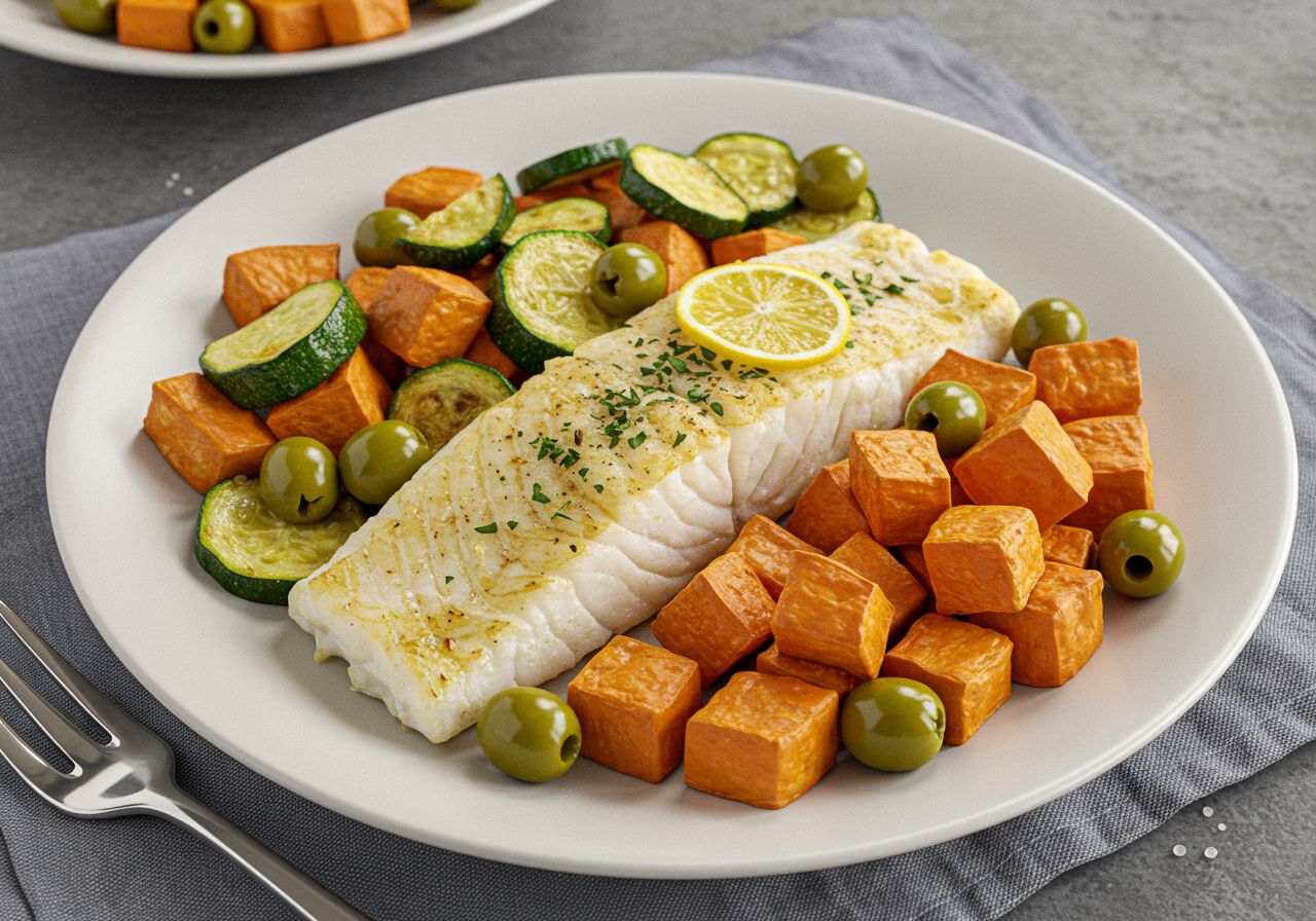 Mediterranean Baked Cod with Roasted Sweet Potatoes and Zucchini