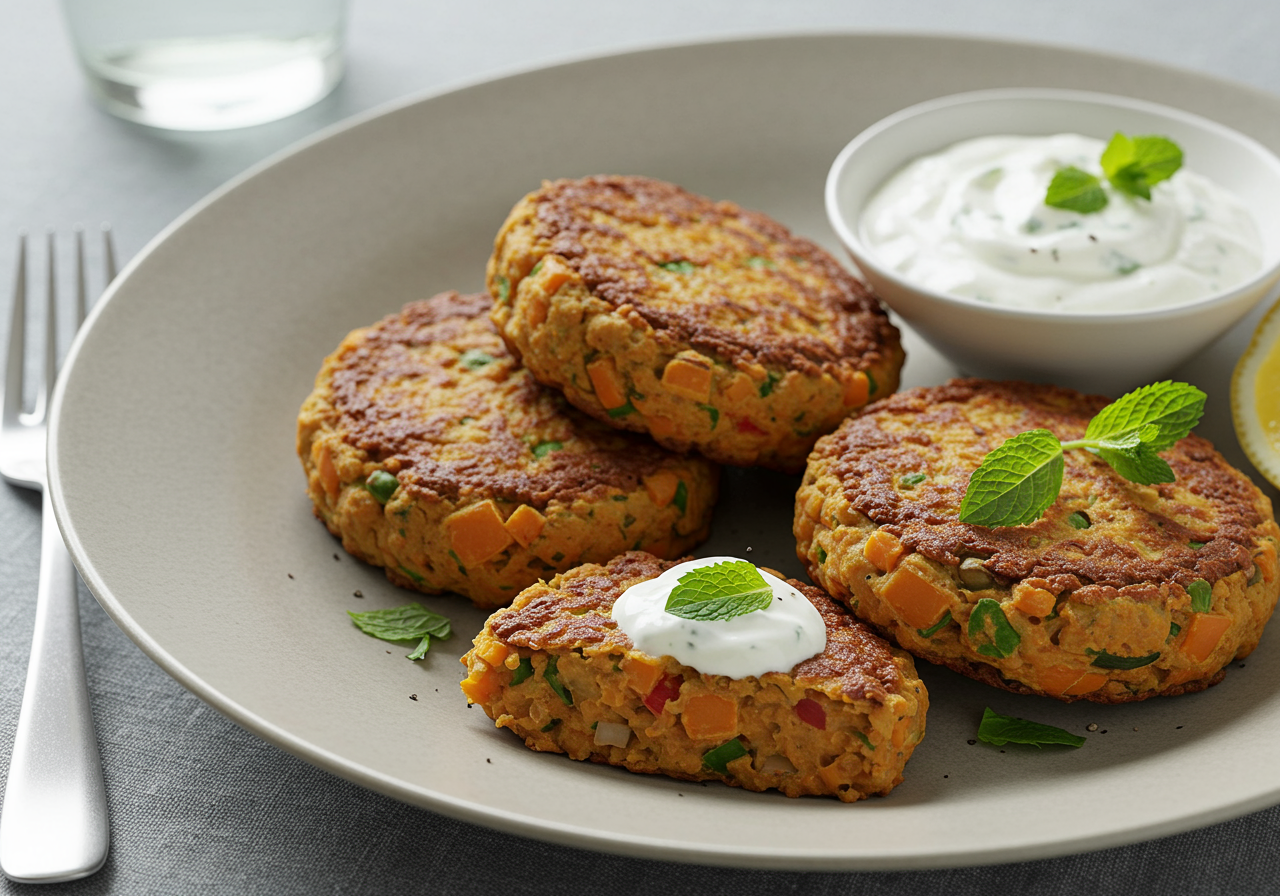 Baked Lentil and Sweet Potato Patties with Mint-Yogurt Sauce