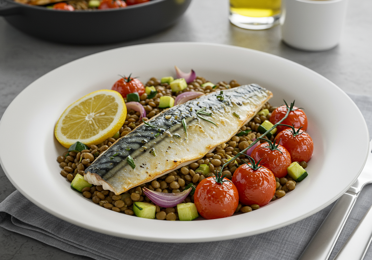 Mediterranean Baked Mackerel with Herbed Lentils