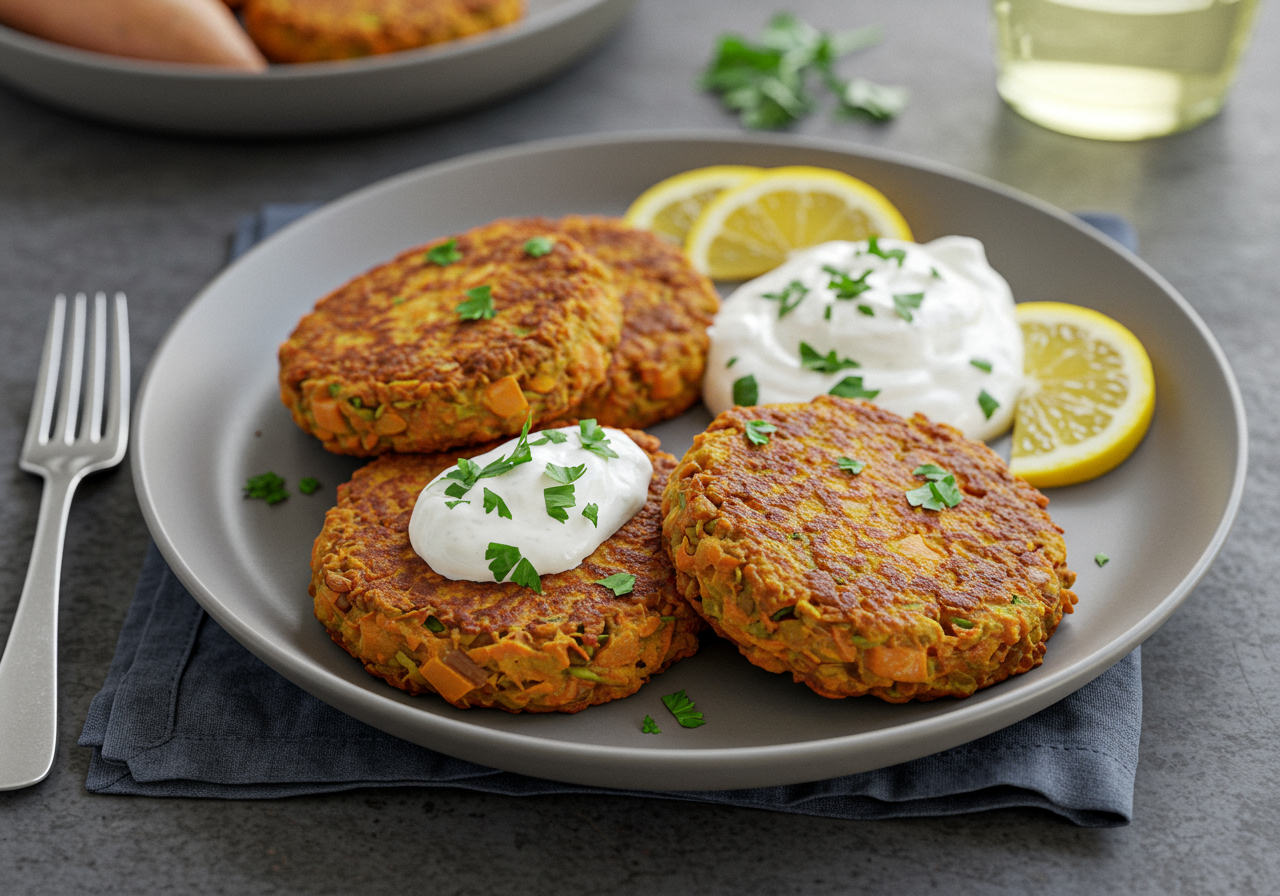 Spiced Lentil and Sweet Potato Cakes with Herb Yogurt