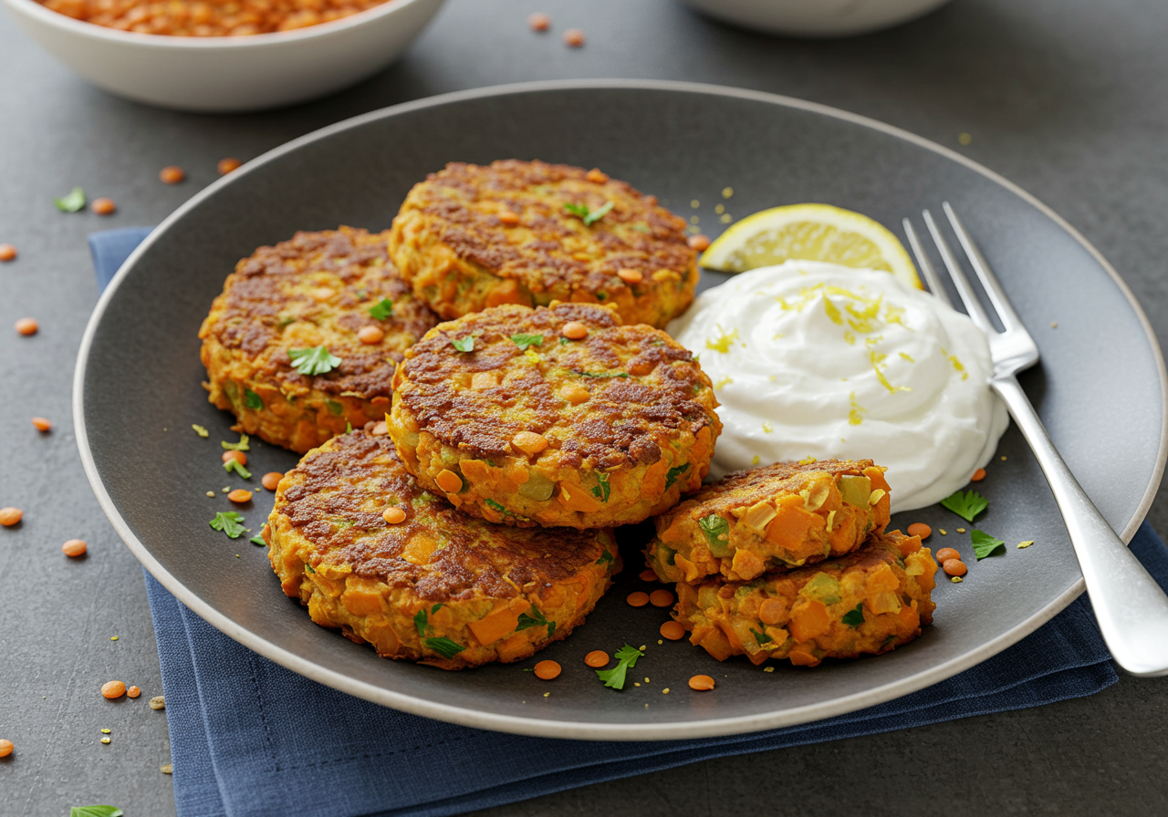 Spiced Lentil and Sweet Potato Cakes with Lemon-Herb Yogurt