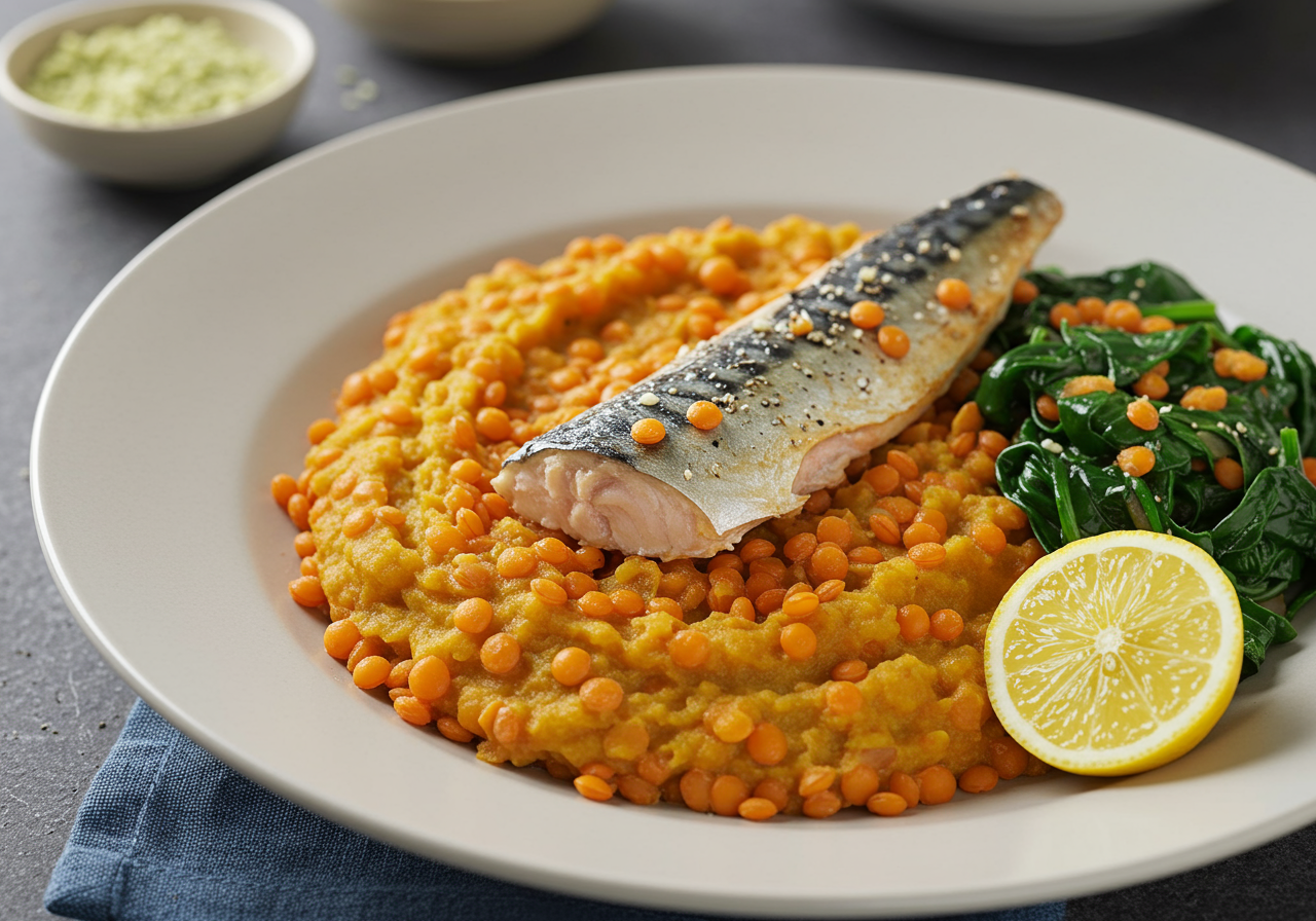 Spiced Mackerel and Red Lentil Mash with Wilted Spinach