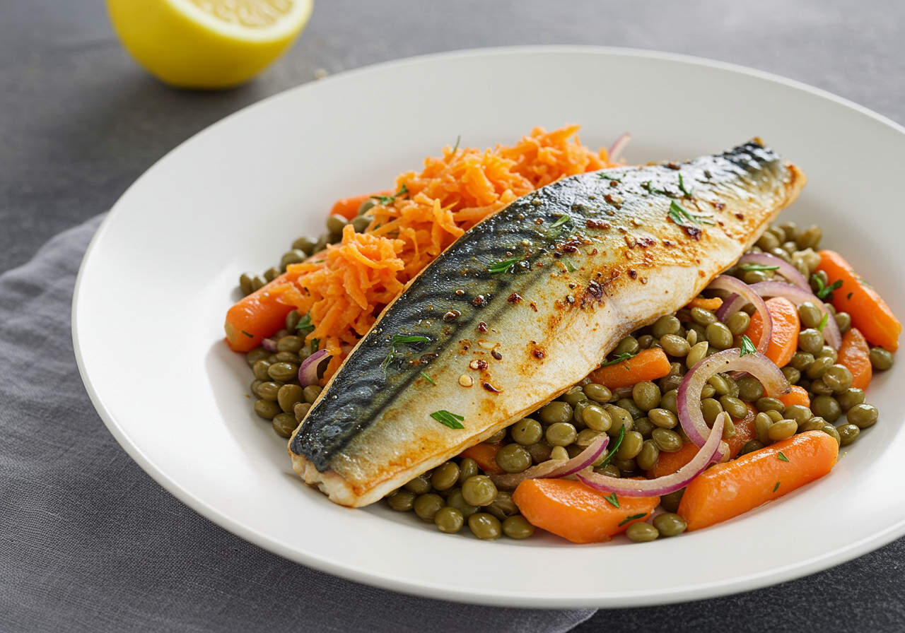 Spiced Mackerel with Warm Lentil & Root Vegetable Salad