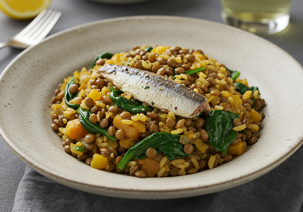 Spiced Sardine and Lentil Pilaf with Wilted Greens