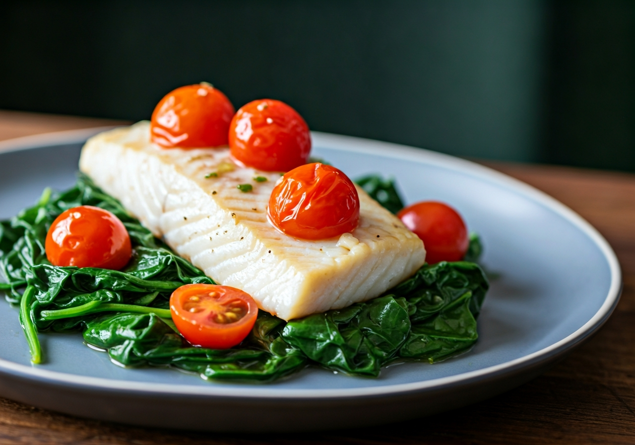 Ginger-Tomato Poached Cod with Wilted Spinach