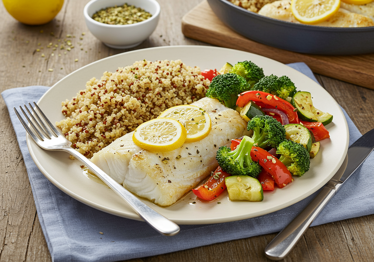 Lemon-Herb Baked Cod with Quinoa and Roasted Vegetables