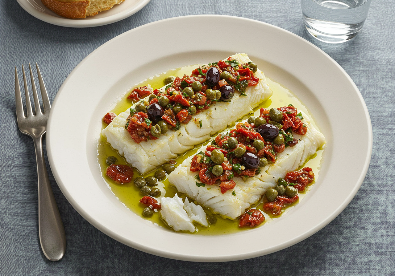 Mediterranean Baked Cod with Olive & Caper Tapenade