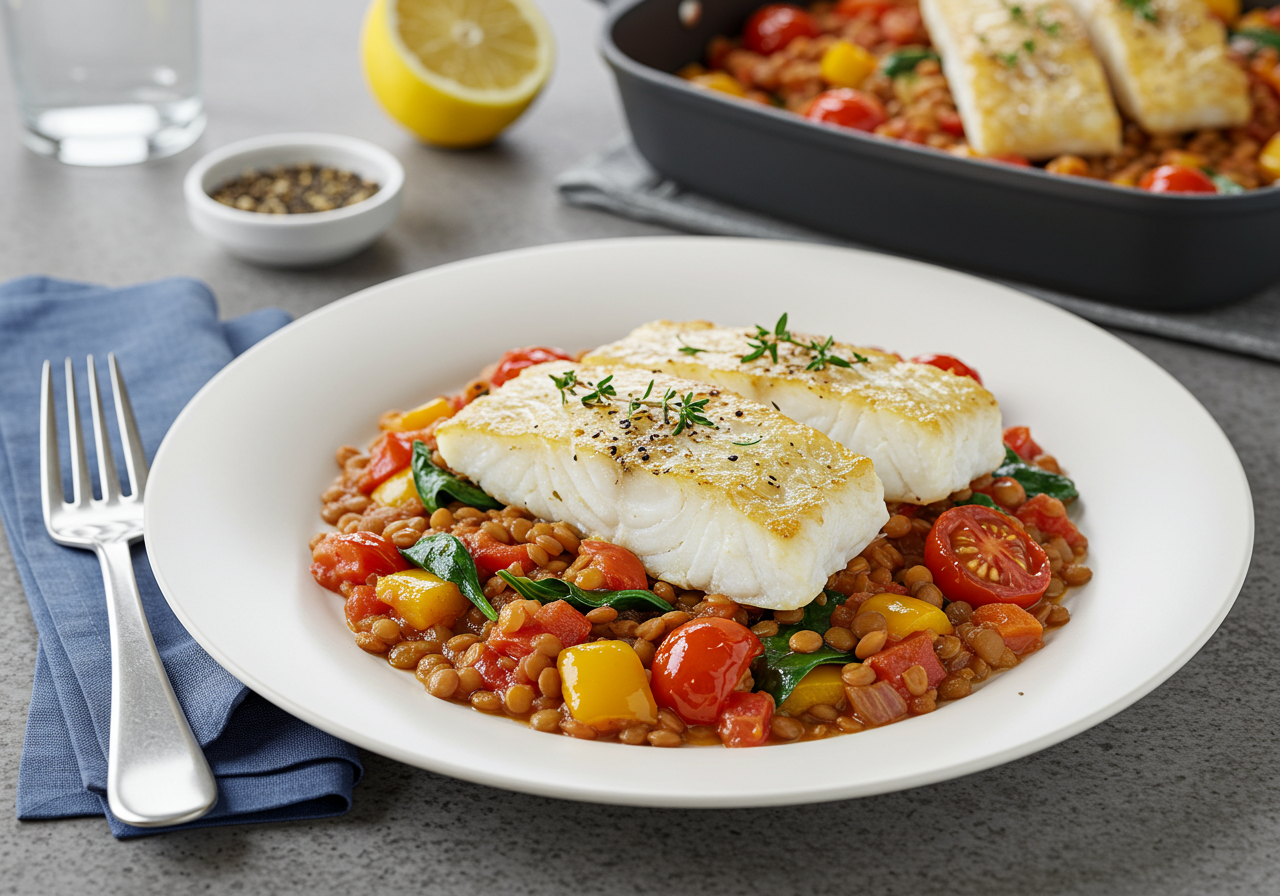 Mediterranean Baked Cod with Lentil & Bell Pepper Ragout