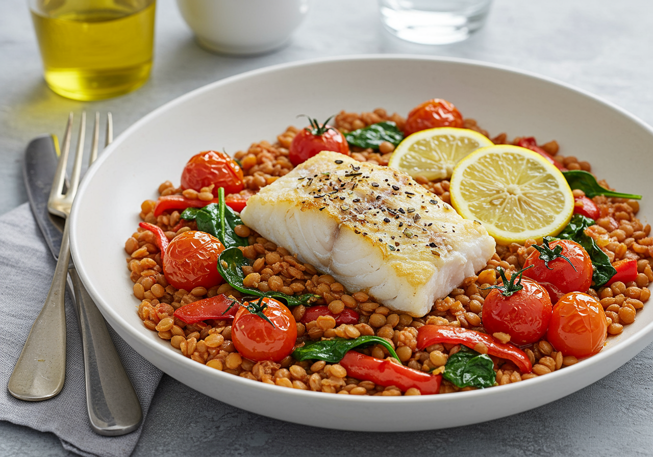Mediterranean Baked Cod with Lentils & Roasted Veggies