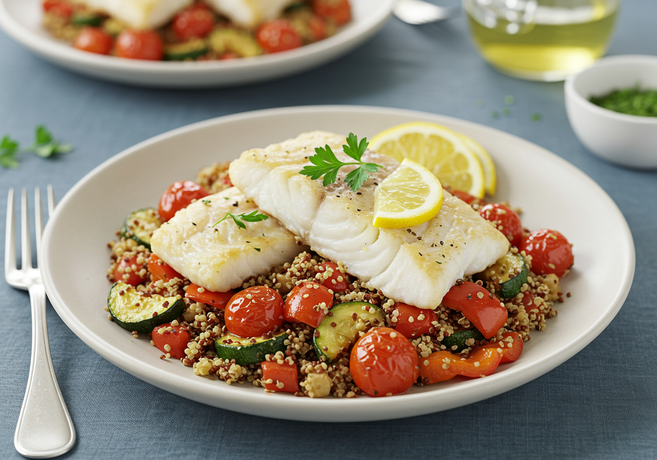 Mediterranean Baked Cod with Quinoa and Roasted Vegetables