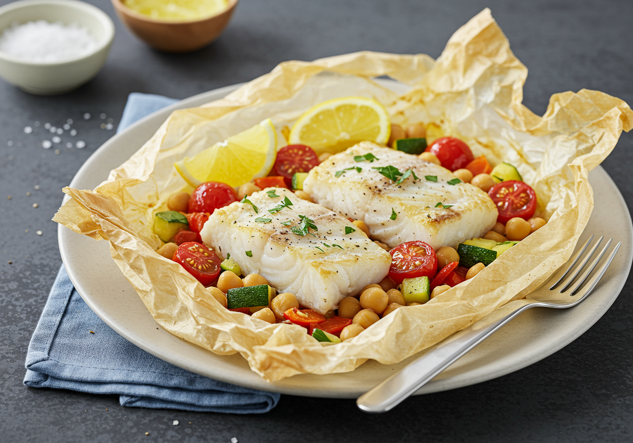 Mediterranean Cod en Papillote with Chickpeas