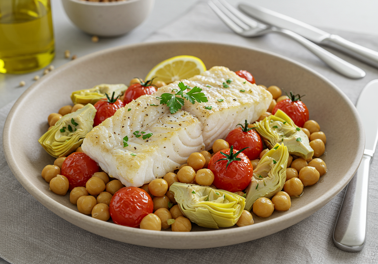 Mediterranean Baked Cod with Chickpeas and Artichokes