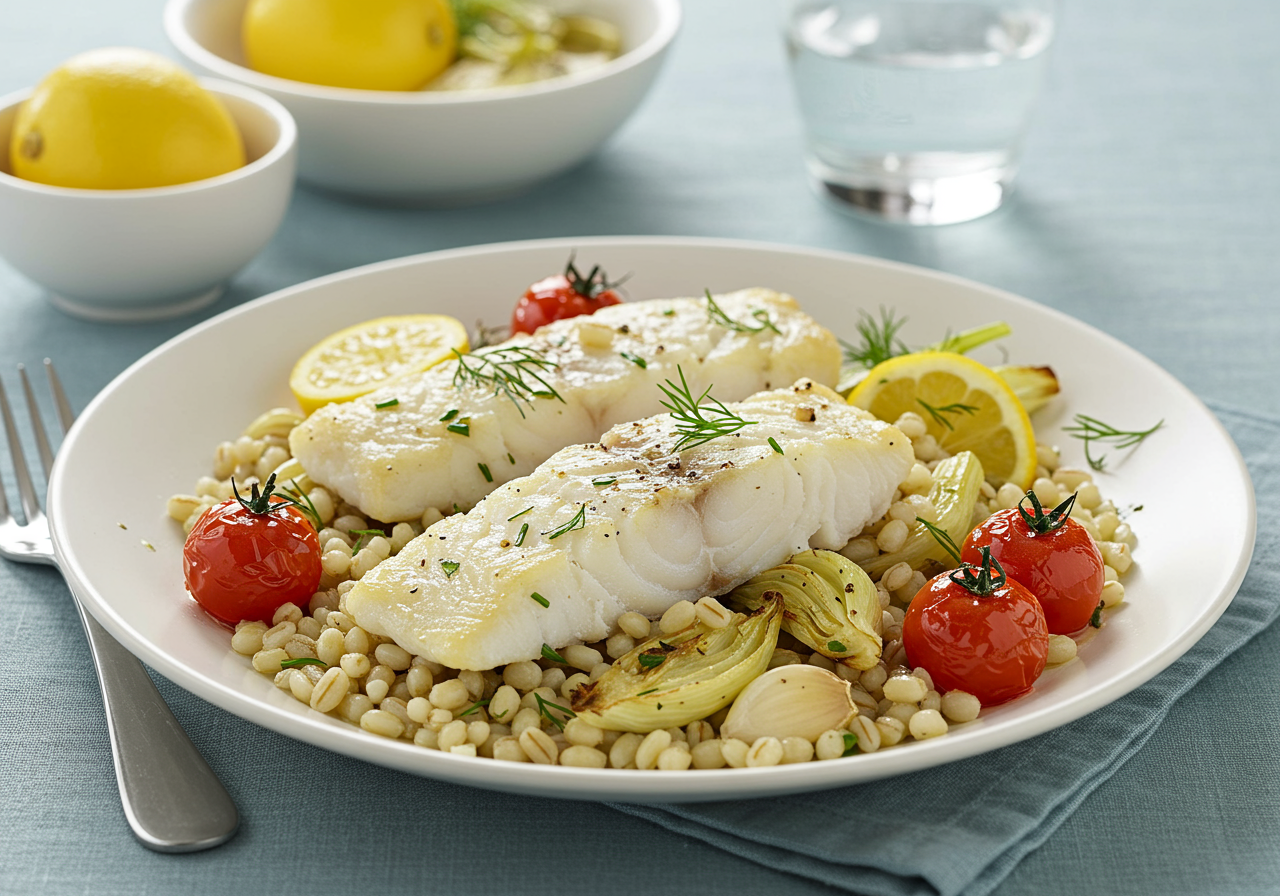 Mediterranean Baked Cod with Herbed Barley