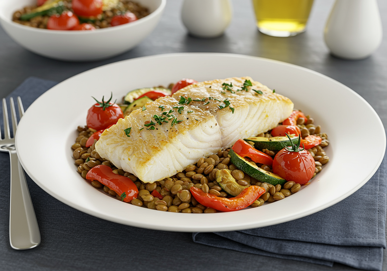 Mediterranean Baked Cod with Herbed Lentils