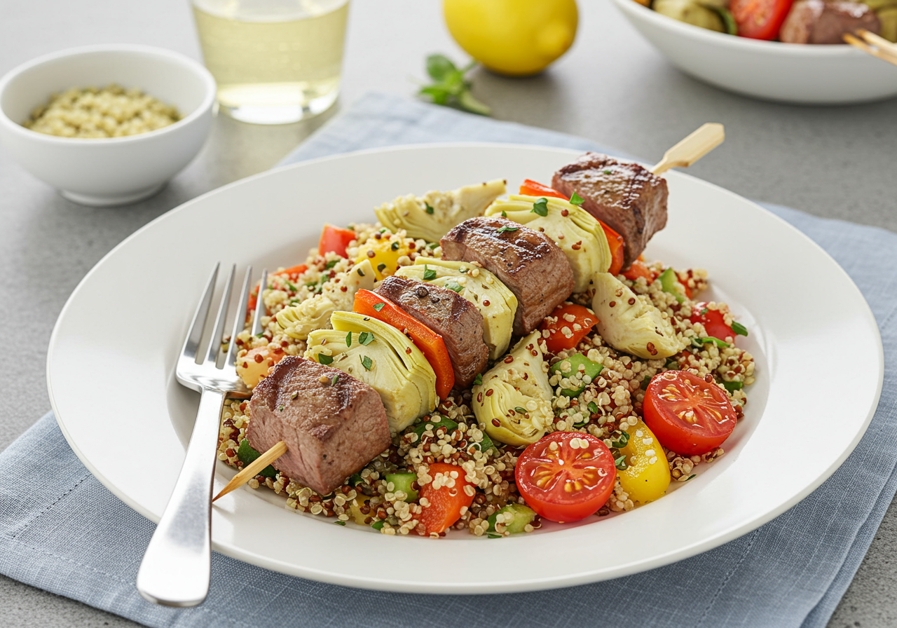 Mediterranean Lamb & Artichoke Skewers with Herbed Quinoa