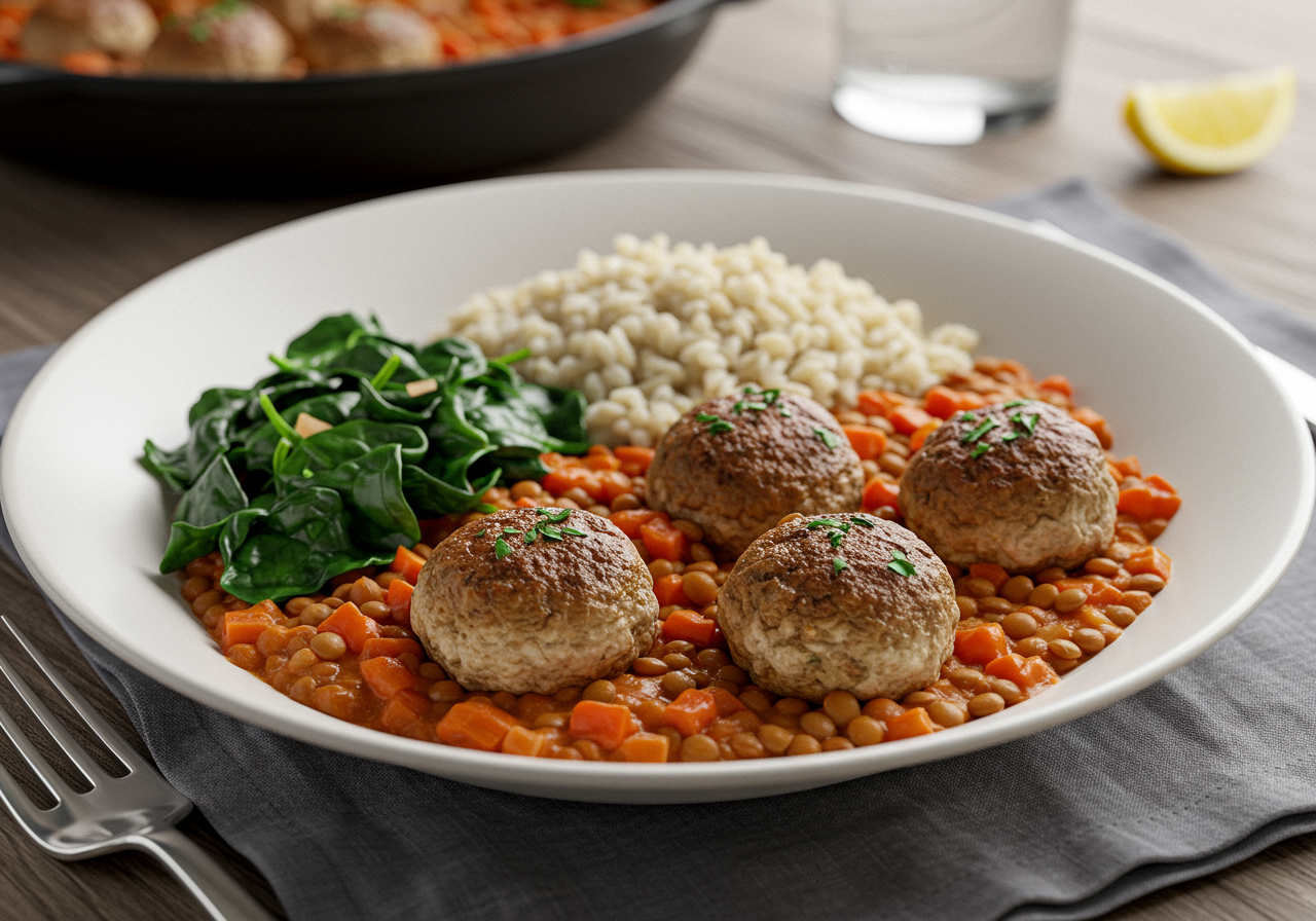 Mediterranean Turkey Meatballs with Lentil & Herb Stew
