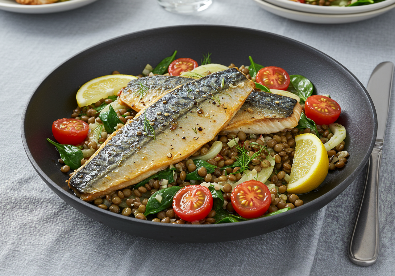 Pan-Seared Mackerel with Warm Lentil & Fennel Salad