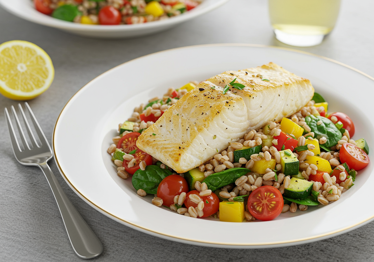 Pan-Seared Cod with Mediterranean Farro Salad
