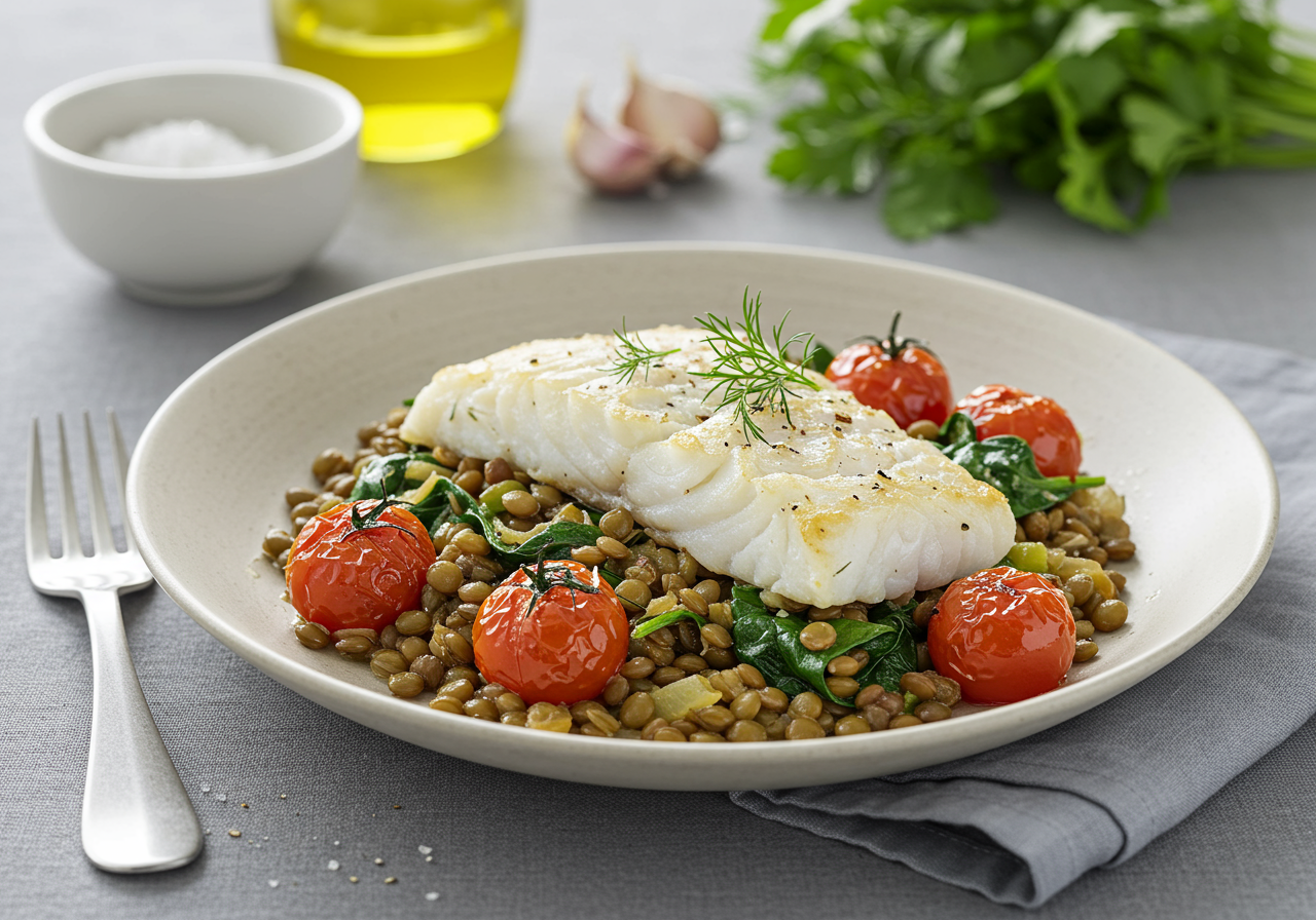 Mediterranean Cod with Herbed Lentils & Roasted Tomatoes