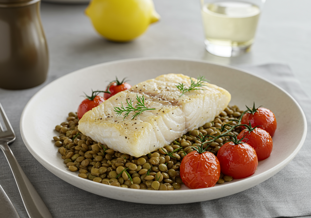 Mediterranean Cod with Herbed Lentils & Roasted Tomatoes