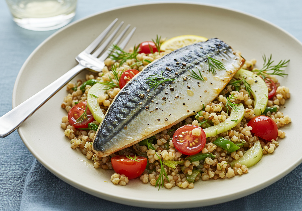 Pan-Seared Mackerel with Warm Fennel & Freekeh Salad