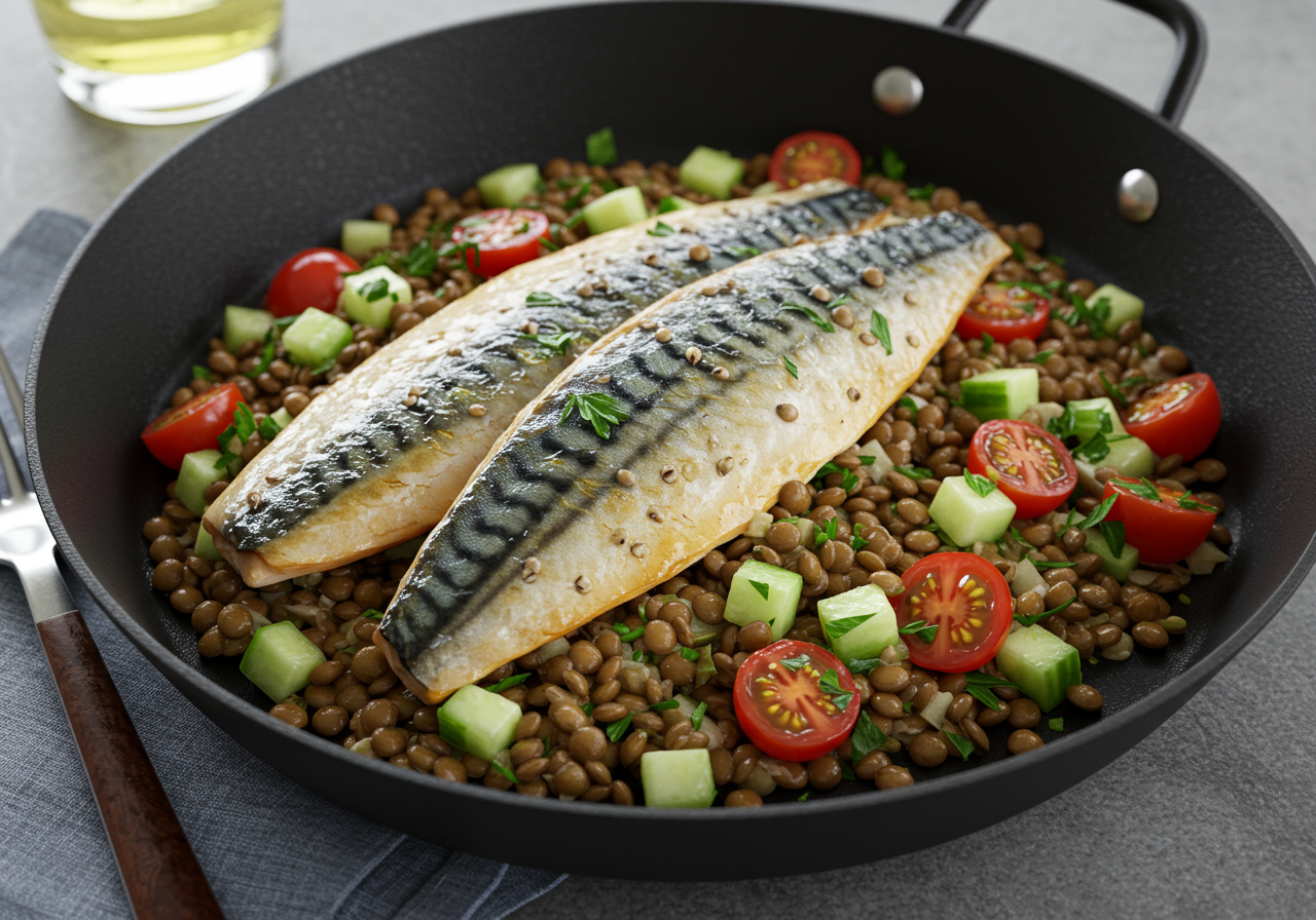 Pan-Seared Mackerel with Warm Lentil & Herb Salad