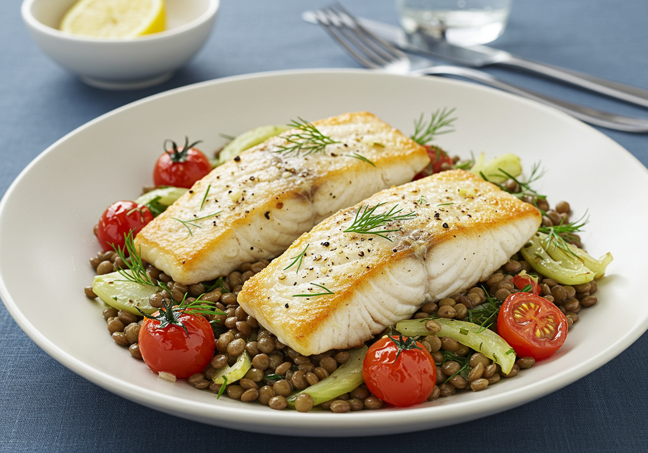 Pan-Seared Sea Bass with Warm Lentil & Fennel Salad