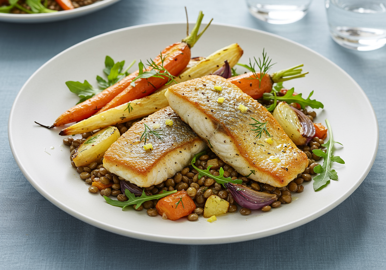 Pan-Seared Sea Bass with Warm Lentil & Root Vegetable Salad