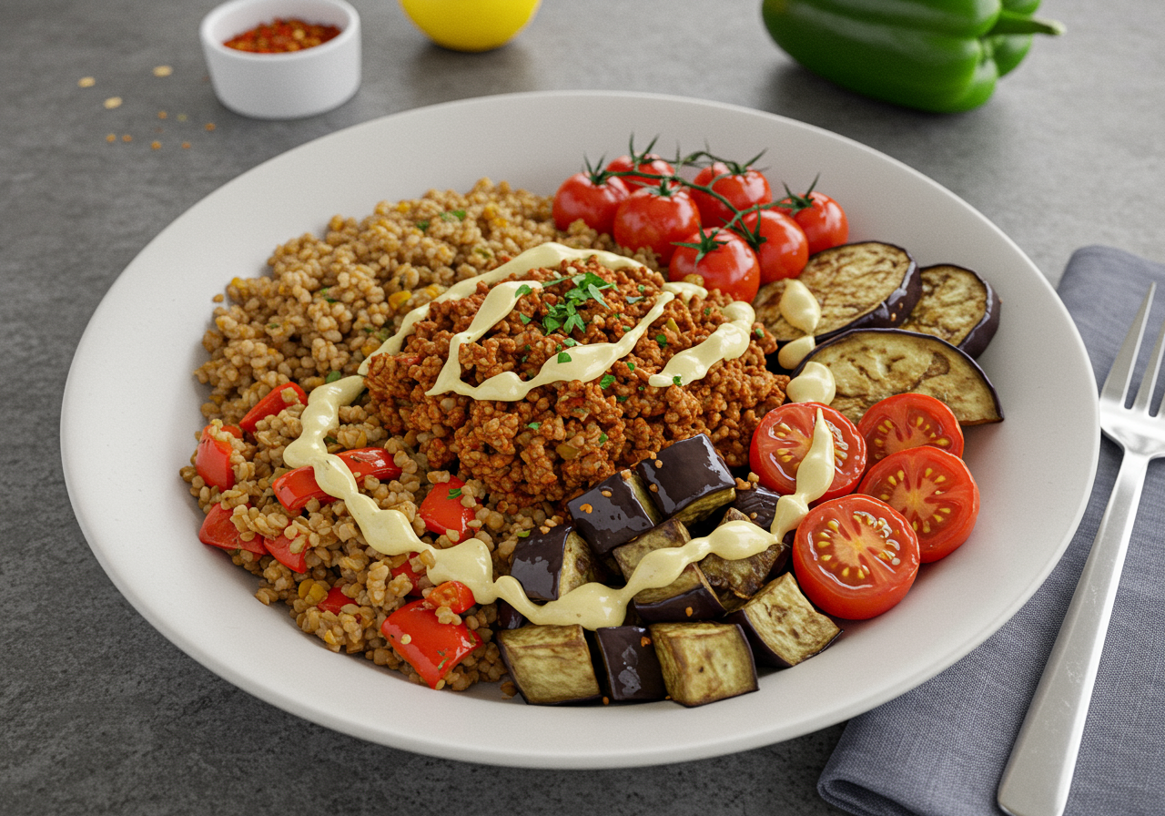 Smoky Lamb and Freekeh Bowl with Roasted Eggplant