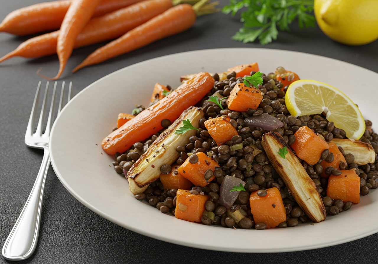Spiced Black Lentils with Roasted Root Vegetables