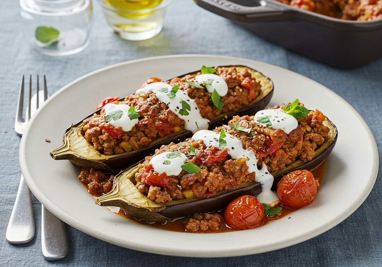 Spiced Lamb & Lentil Stuffed Aubergines
