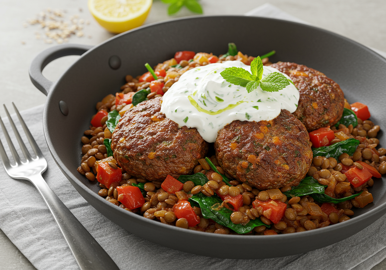 Spiced Lamb and Lentil Skillet with Minted Yogurt
