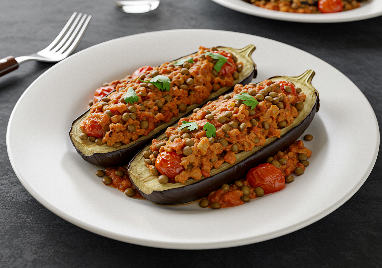 Spiced Lamb and Lentil Stuffed Aubergines