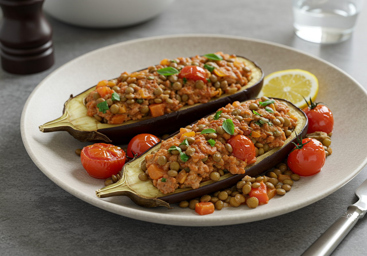 Spiced Lamb and Lentil Stuffed Eggplant