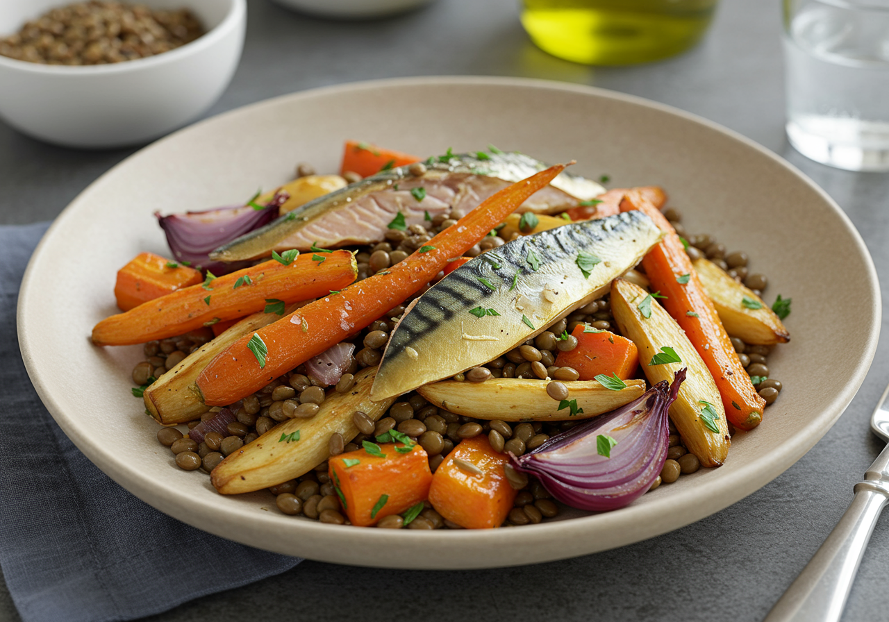 Warm Lentil & Roasted Root Vegetable Salad with Smoked Mackerel