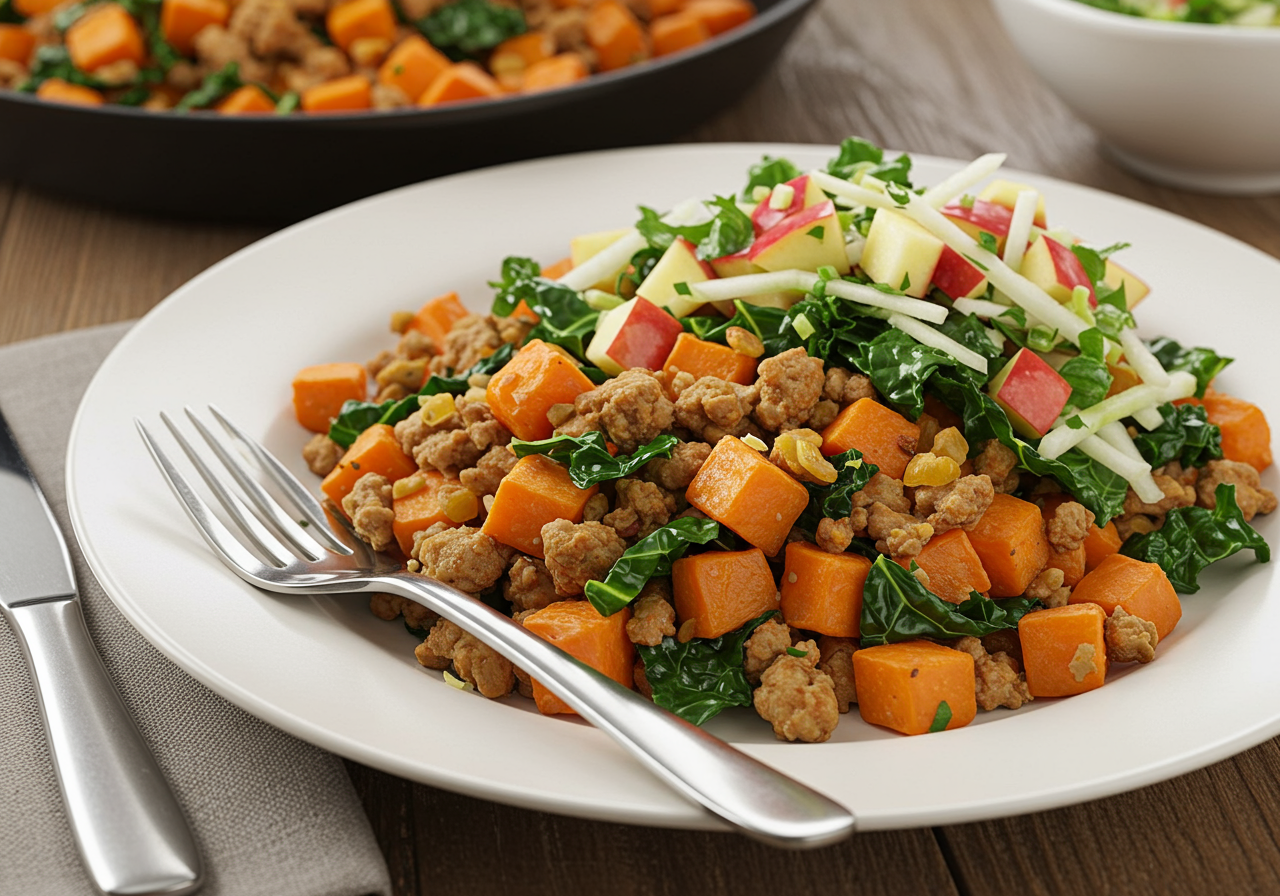 Harvest Turkey and Sweet Potato Hash with Kale-Apple Slaw