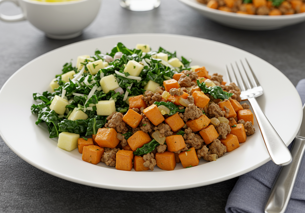 Lean Bison & Sweet Potato Hash with Crisp Apple-Kale Slaw