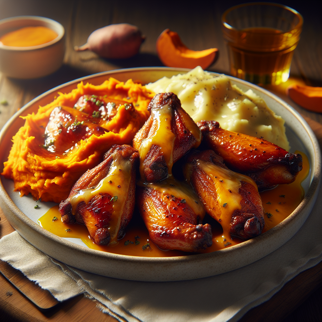 Baked Chicken Wings with Sweet Potato Mash and Cheese