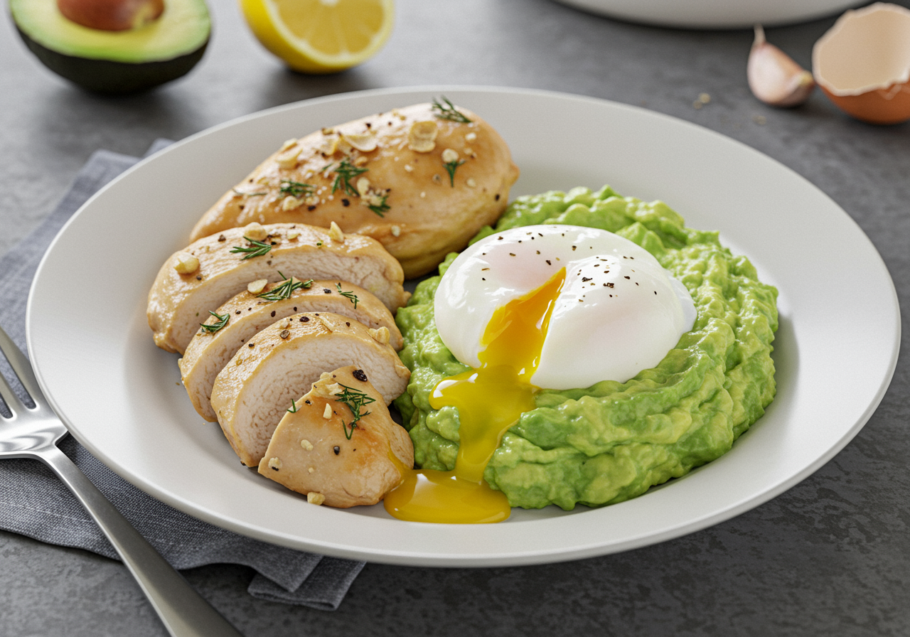 Garlic Chicken with Avocado Mash and Soft-Boiled Egg