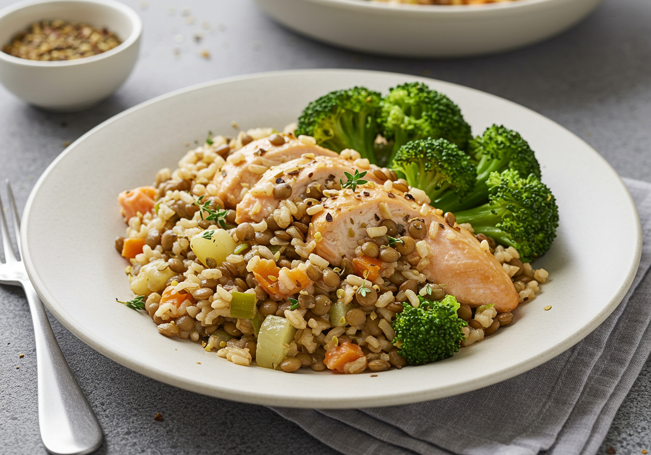 Hearty Chicken, Lentil & Oat Pilaf with Roasted Broccoli