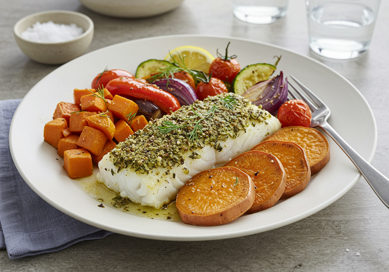 Herb-Crusted Cod with Roasted Mediterranean Vegetables