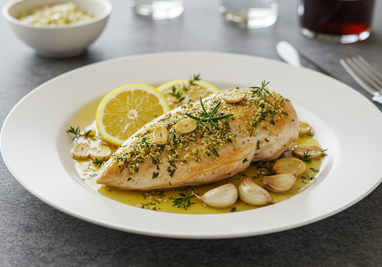 Lemon Herb Crusted Chicken with Pan-Seared Garlic