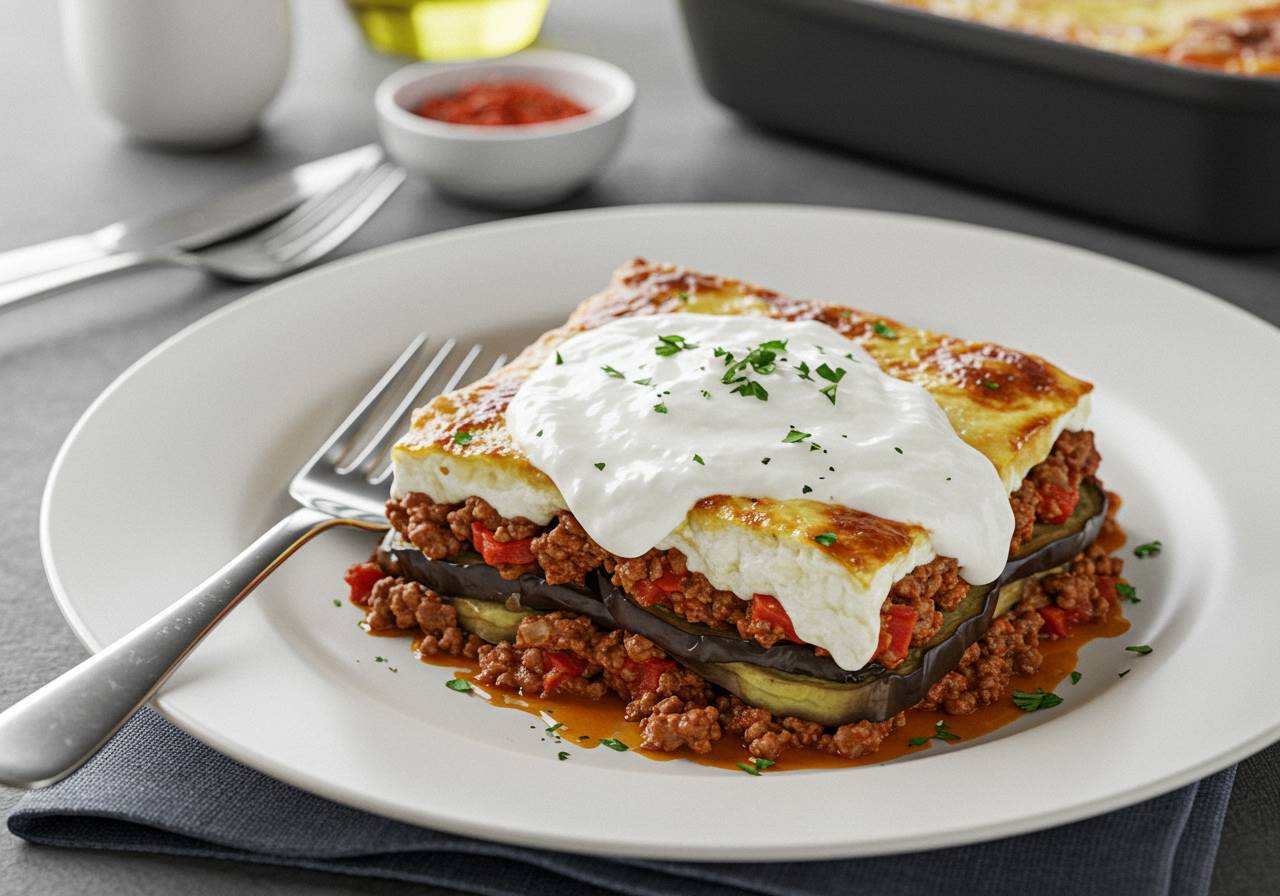 Lighter Baked Moussaka with Yogurt Topping